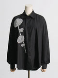 Spring New Fashion Temperament Stand Collar Heavy Industry Water Diamond Flowers Inlaid Loose Show Thin Women's Long Sleeve