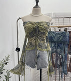 Old-Fashioned Green Shoulder Horn Sleeve Blouse Dye Net Yarn Lace Draw Rope Short T-Shirt