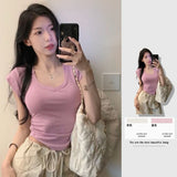 Chic Thai Design V-Neck Shoulder Short Sleeve T-Shirt Women's Curved Under The Hem To Slim Short