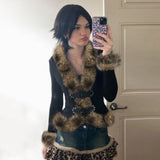 Autumn New Street Style Y2K Retro Wool Collar Splicing Leather Buckle Waist Jacket Casual
