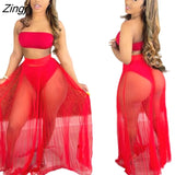 Up Skirt Swimsuit Women 3 Piece Set Strapless Crop Tops Pants And Mesh Skirt Fashion Pleated Beach