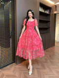 Gentle Wind And Rags Retro Tea Chiffon Dress Female Waist Temperament Shoulder Bubble Sleeve Mesh