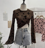 Real Shooting Spice Girl Butterfly Shiny Shiny Mesh Yarn Long-Sleeved T-Shirt Horn Sleeve Short Repair Body Jacket