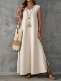 Summer Dress Women's Sleeveless V-Neck Side Opening Dress Elegant Long