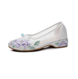 Zingj Shoes Low Heel Root Embroidered Cloth Shoes Bright Silk Quilting 2023 Summer With Fairy Gauze Skirt