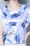 Women Floral Print Silk Casual Blouse 2023 Summer Korean Loose Short Sleeve Round Collar Casual Ladies Tops 9373