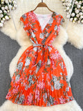 Vintage Floral Printed Pleated Dress Women Elegant V-Neck Sleeveless High Waist Draped Vacation Beach Vestidos Female
