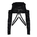Street Punk Style Dark Hole Out Shoulder Metal Buckle Hoodie T-Shirt Long-Sleeved