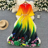 Women's Niche Elegant Dress New Hollow Nail Ball Neck-To-Celing Waist-Print Folding Long