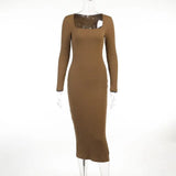 Long Sleeve Ankle-Length Dress For Woman Square Collar Knit Long Dress Women Sexy Elegant Causal Solid Maxi