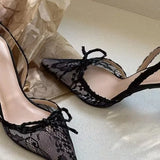 Niche Sexy Hottie Embroidered Lace Bag Sandals Fine Heel Small Square Net Red Bow High Heels