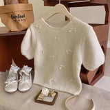 Chic Spring And Summer Little Bow Bow Short-Sleeved Collar Knitted Jersey Girl Spring Sweet Soft Foam Bubble Sleeve