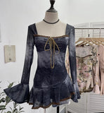 Spring And Summer New French Style Tie Dyed Horn Long-Sleeved Lace Side Design T-Shirt