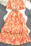 Women Vintage Tie Dye Printed Ruffle Pleated Long Dress Purple/Red/Blue/Green Stand Collar Single Breasted Maxi Robe