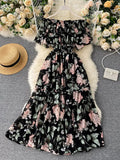 Floral Chiffon Midi Dress Women Sexy Slash Neck Ruffle Short Sleeve A-line Printed Vacation Beach Vestidos Robe