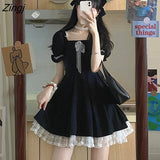 Black Kate Middleton Dress Summer High Waist Puff Sleeve Lace Ruffles Princess Lolita Dresse Japanese Harajuku Bad