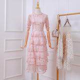 Layer Ruffles Lace Maxi Dress Runway Summer Women White Floral Embroidery Long Dress Hollow Out Cake Party Dress 211-1-Outfit