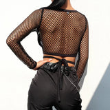 Wind Grid Stitched Cross-Tieed Air-Screen Sunscreen Shirt Sexy Perspective Shorts Umbilly T-Shirt