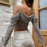 Zingj Spring 2023 Women's Fashion Sexy One-Line Collar Sling Perspective Mesh Long Sleeve