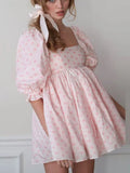 Square Neck Pleated A-Line Dress Spring Summer Short Sleeve Loose Floral Print Dress Women Elegant Puff Sleeve Party Dress 211-0-Outfit