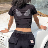 2024 New Round Collar Hot Diamond Love Wing Print Short-Sleeved T-Shirt Summer Short Hottie