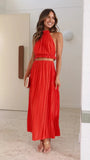 Zingj Years Of Fashion New Hot Girls New Neck Hanging Back Sexy Lace-Up Suit Pleated Dress