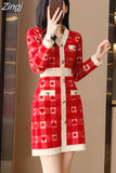 V-Neck Long Sleeves Wedding Maxi Dresses for Women Party Plaid Knitting Bodycon Dress Red Clothing Winter 2023