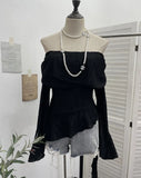Ballet Style Shoulder Fold Texture Texture Coat Irregularly Ribbon Horn Sleeve Short Shirt