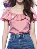 Leaf Side Pink Short-Sleeved Shirt Women 2025 Summer New Temperament Super Fairy Square Shirt French