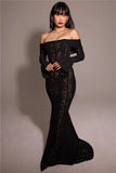 Lace Long Sleeve Off-shoulder Dress- Outfit