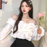 Women Slim Cropped Pure Simple Ruffles Aesthetic Sexy Tops Feminino Autumn Korean Style Casual Slash Neck Cozy