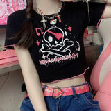 Zingj Top Female 2024 Summer Hot Girls Ins Harajuku Dark Cartoon Print Round Collar Short Sleeve Crop T-Shirt