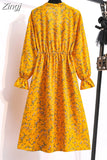 Women Casual Spring Autumn Dress Korean Style Vintage Floral Printed Shirt Dress Long Sleeve Elegant Bow Midi Summer