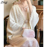 Vintage Lace Cardigan Shirt Women 2022 Autumn Loose Casual Korean Party Blouses Female Court Retro V-neck Elegant