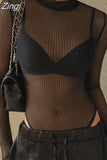 Fashion Skinny Black Stripe Naked Sexy Bodysuit Long Sleeve Summer Women's Bodies See-Through Party One Piece