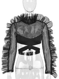 Summer T-Shirts Mesh See Through Ruffles Long Sleeve Hollow Out Exposed Navel Crop Top Fishnet T-shirts Party
