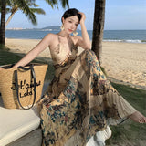 Zingj Retro Halter Dress Female V Collar Small Back Hollow Show Thin Holiday Fairy Skirt