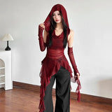 New Halloween Cos Red Collar Hooded T-Shirt Women's Lotus Side Irregular Sleeves Thin