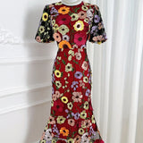 High-End Elegant Heavy Industry Flower Embroidery Round Collar Lantern Sleeves To Close The Waist Slim Slimmed Fishtail Dress