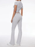 Short Sleeve Cropped Top Fold-over Flare Pants Set- Outfit