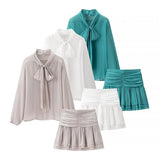 Women's Two-Piece Summer Thin Bow Tie With Long-Sleeved Cover Loose Shirt Folded Mini