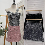 Lewd Skirt High Waist Thin Anti-Light Bag A Word Flashy Bundi Skirt