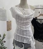 Shooting Lace Splicing Collar Hanging Neck-Sleet T-Shirt Woman Xia Repair Short Irregular Drifting Clothes
