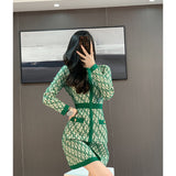 Winter Green Patchwork Knitted Sweater Dress Women Vintage Print Sweater Dress Elegant Long Sleeve Pullover Dress