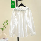 Embroidered Doll Collar White Shirt Women 2025 New Loose Thin Lantern Sleeve Shirt