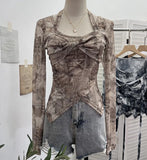 Special To The Net Yarn Design Sense Hanging Neck Top Cross Folded Repair Short T-Shirt