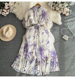 Style Retro Temperament Short-Sleeved Clapping Single-Dran A-Word Print 100-Fold Shirt Dress