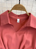 Vintage Women Midi Dress Elegant Pink/Orange/Green Polo Collar Short Sleeve High Waist A-Line Vestidos Female New