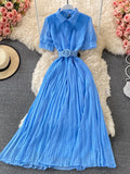 Vintage Polka Dot Pleated Long Dress Women Blue/Red/Purple Draped Vestidos Casual Female High Waist Big Swing Robe