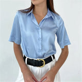 Office Lady Short Sleeved Satin Shirt 2023Casual Loose Buttons Summer Blouse Women Elegant Tops Women Clothing